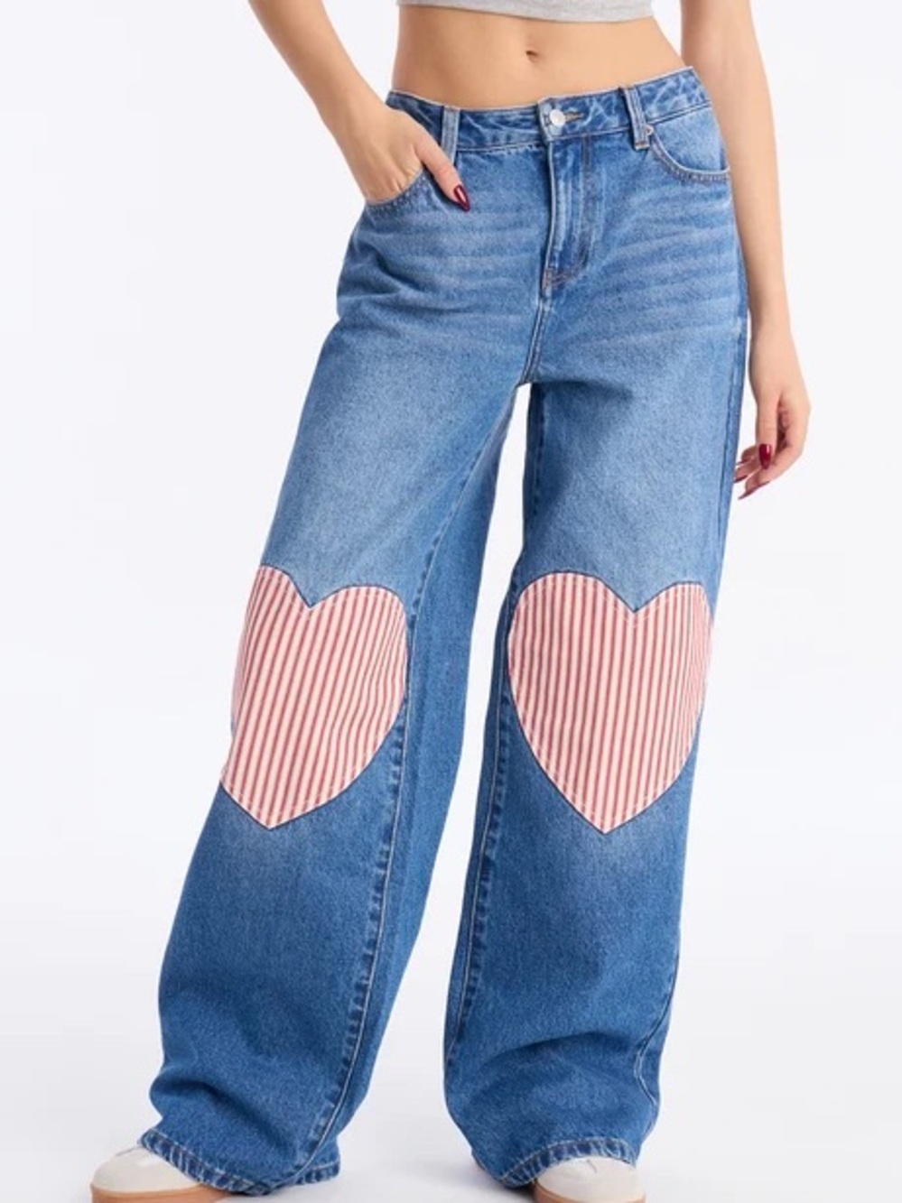 Wide-Leg Heart Patch Jeans - Blue with Pink Heart
